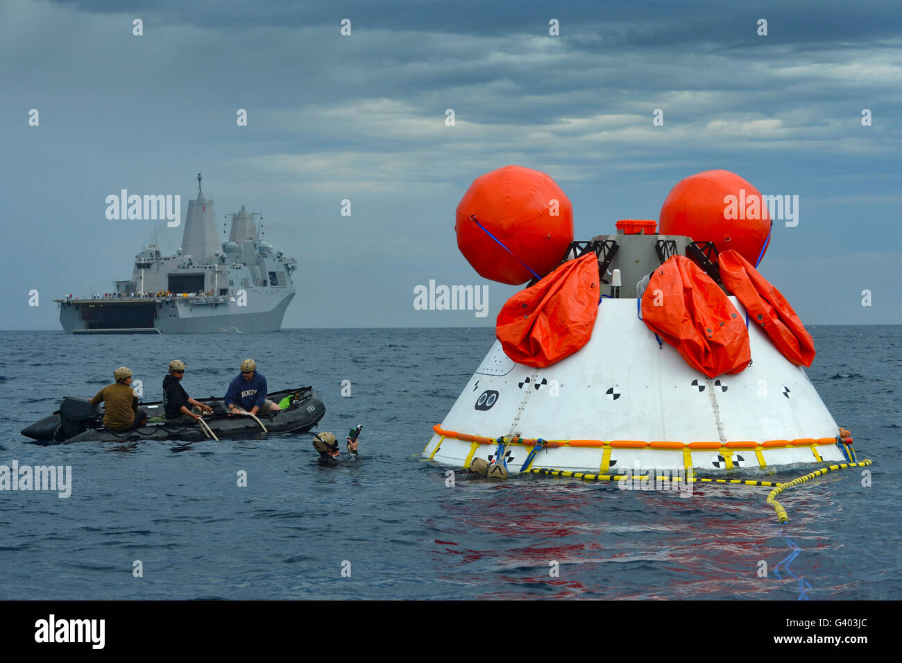 Recovery of the Orion crew module. Stock Photo