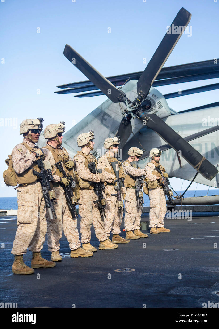 U.S. Marines prepare to fire on targets aboard USS San Antonio. Stock Photo