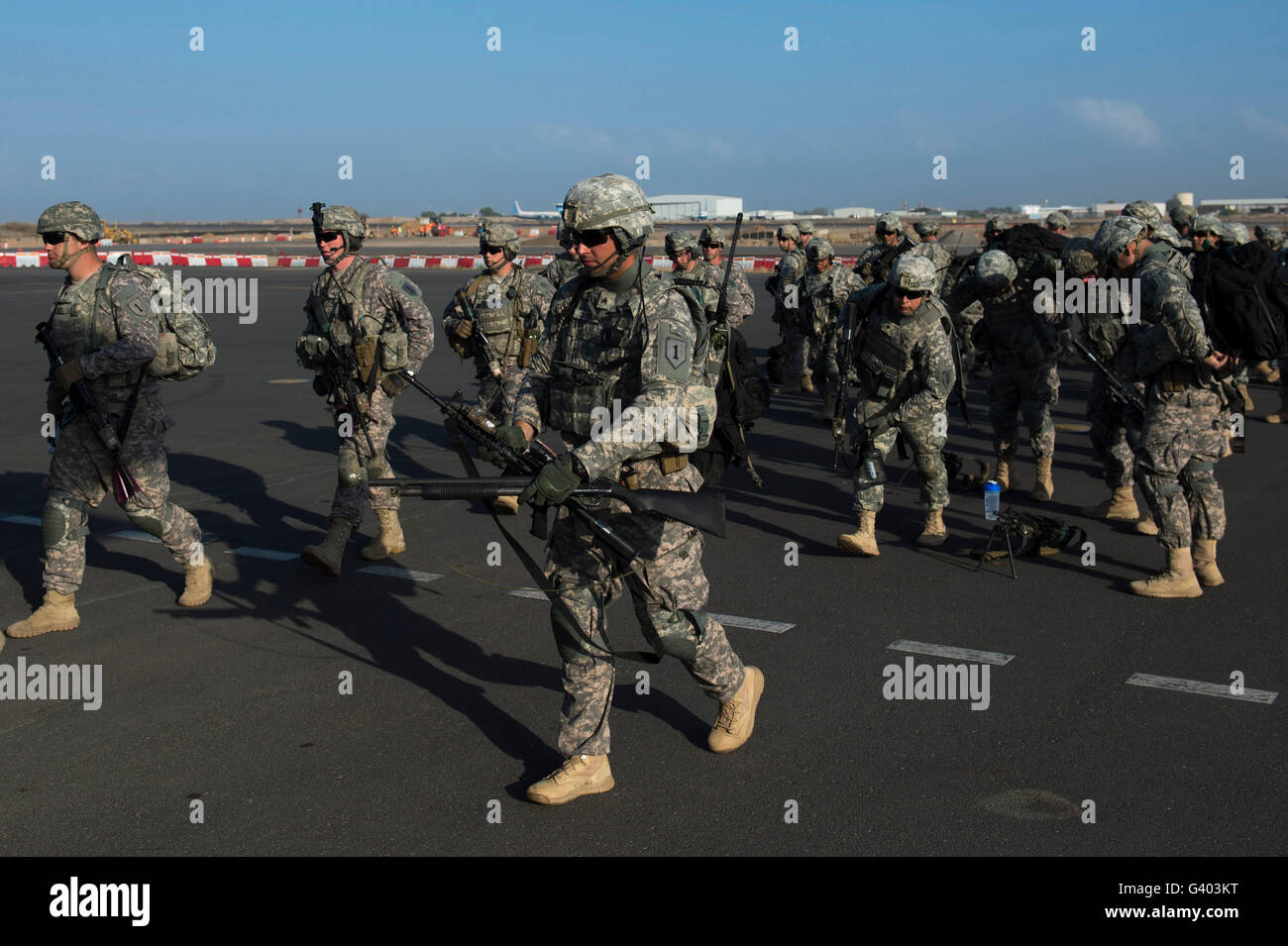 U.S. Soldiers and East Africa Response Force Soldiers at Camp Lemonnier. Stock Photo