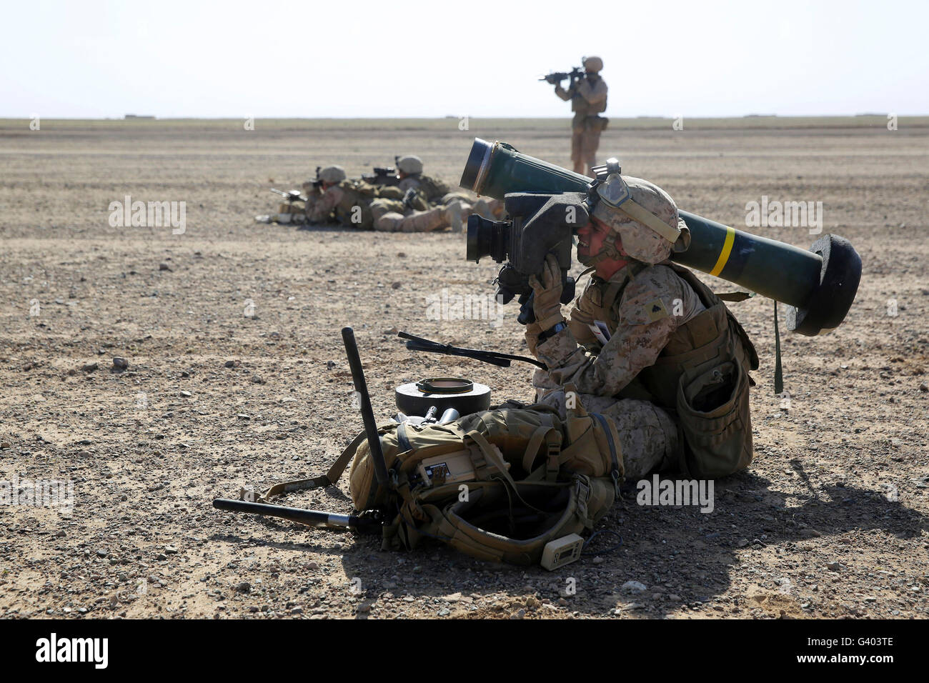 U.S. Marine provides security with an FGM-148 Javelin. Stock Photo