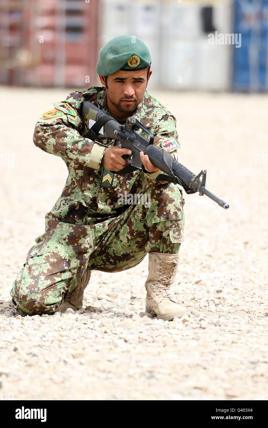An Afghan National Army soldier provides security. Stock Photo