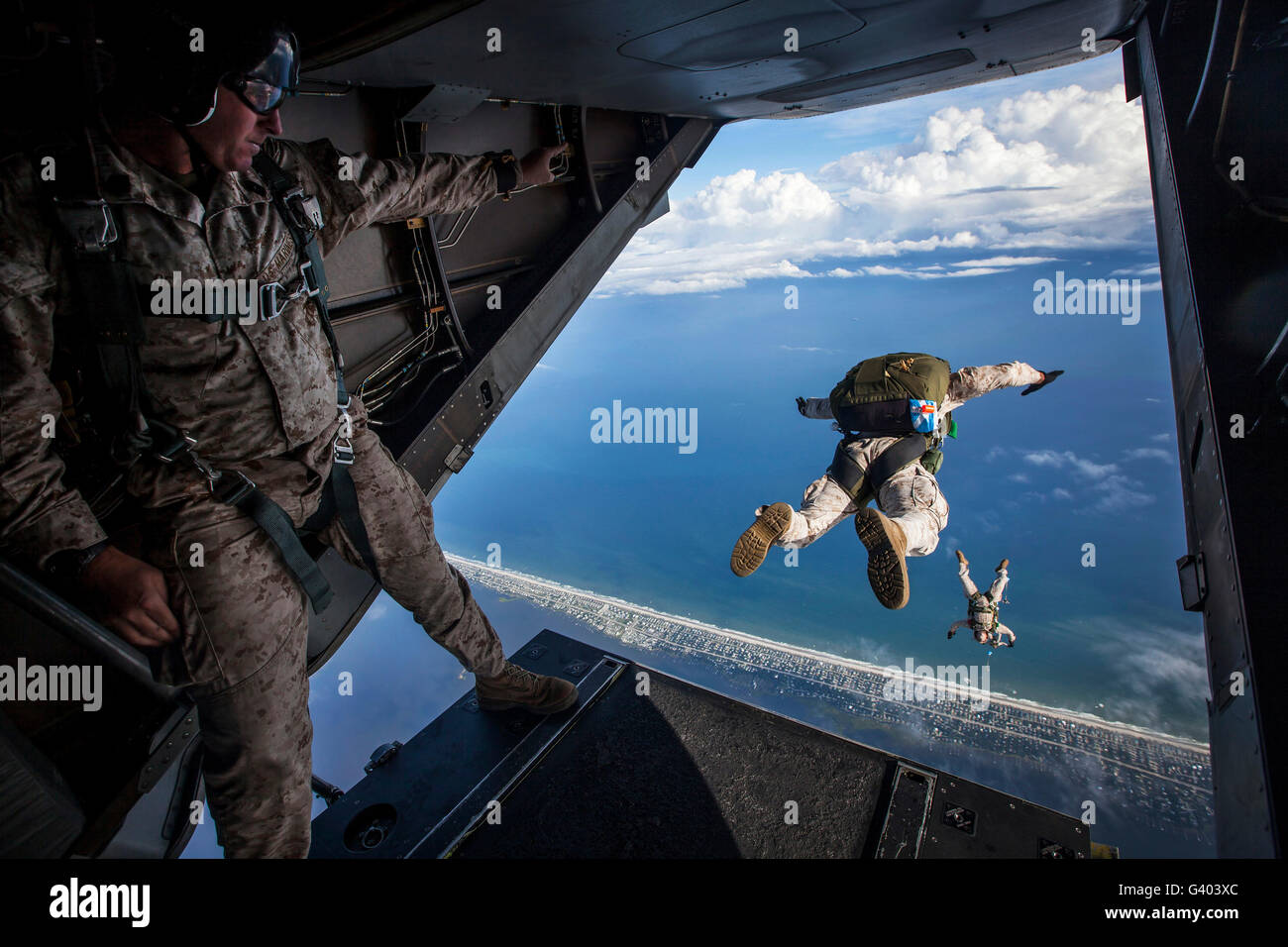 Force Reconnaissance Marines conduct a HALO jump from a MV-22B Osprey. Stock Photo