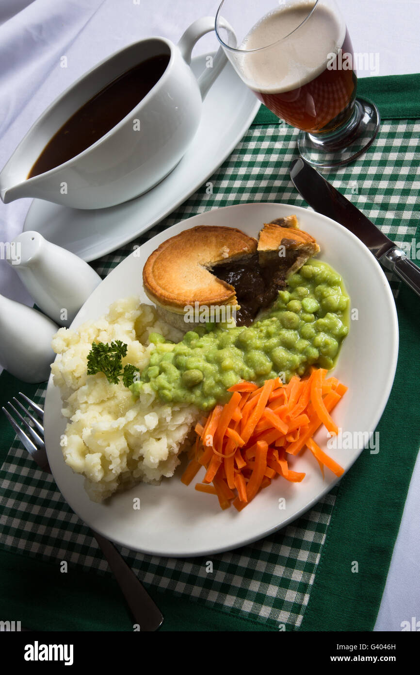 A classic traditional English dish of Steak Pie, Mashed Potato, Mushy