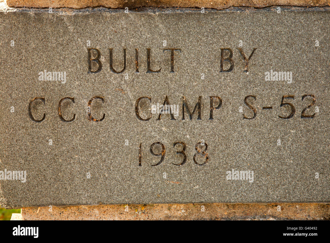 Civilian Conservation Corps (CCC) rockwall marker, Orr Roadside Parking Area, Orr, Minnesota Stock Photo