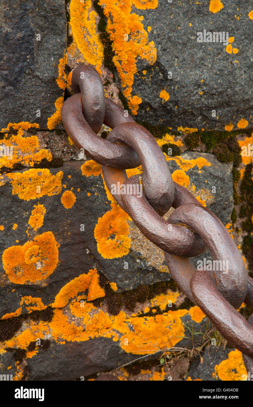 Chain with lichen on Civilian Conservation Corps (CCC) coastal rockwork, Gooseberry Falls State Park, Minnesota Stock Photo