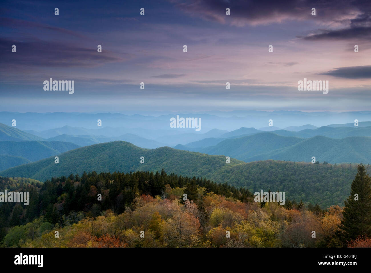 Looking out at a classic Blue Ridge view at dusk from the Cowee Mountain Overlook along the Blue Ridge Parkway Stock Photo