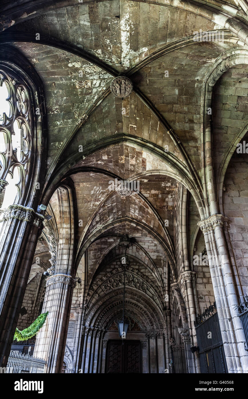 Low angle view of ceiling and arches of Santa Eulalia Cathedral, Gothic Quarter, Barcelona, Catalonia, Spain. Stock Photo