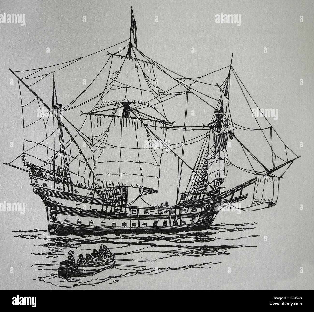 The Galleon. Sailing ship. Modern Age. 16th-17th century. Engraving. Stock Photo