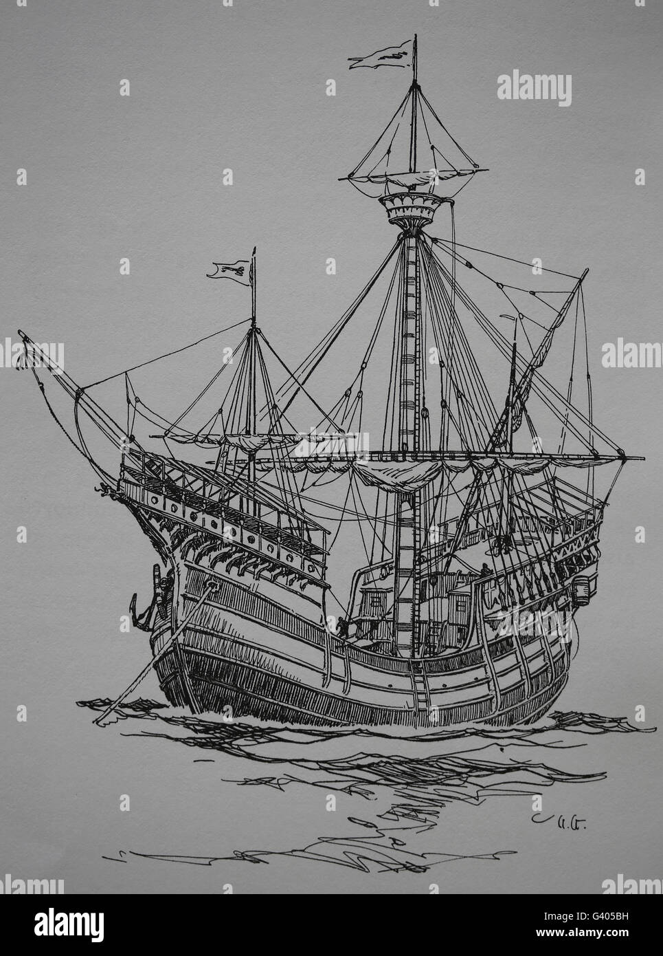 Modern Age. The carrack, 15th century. Europe. Engraving, 19th century. Stock Photo