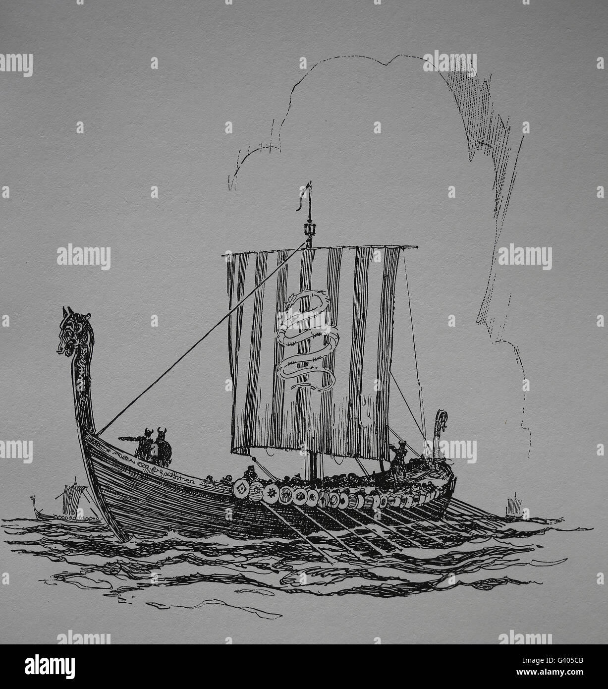 Viking ship. Viking Age (8th-11th century). Engraving. Stock Photo