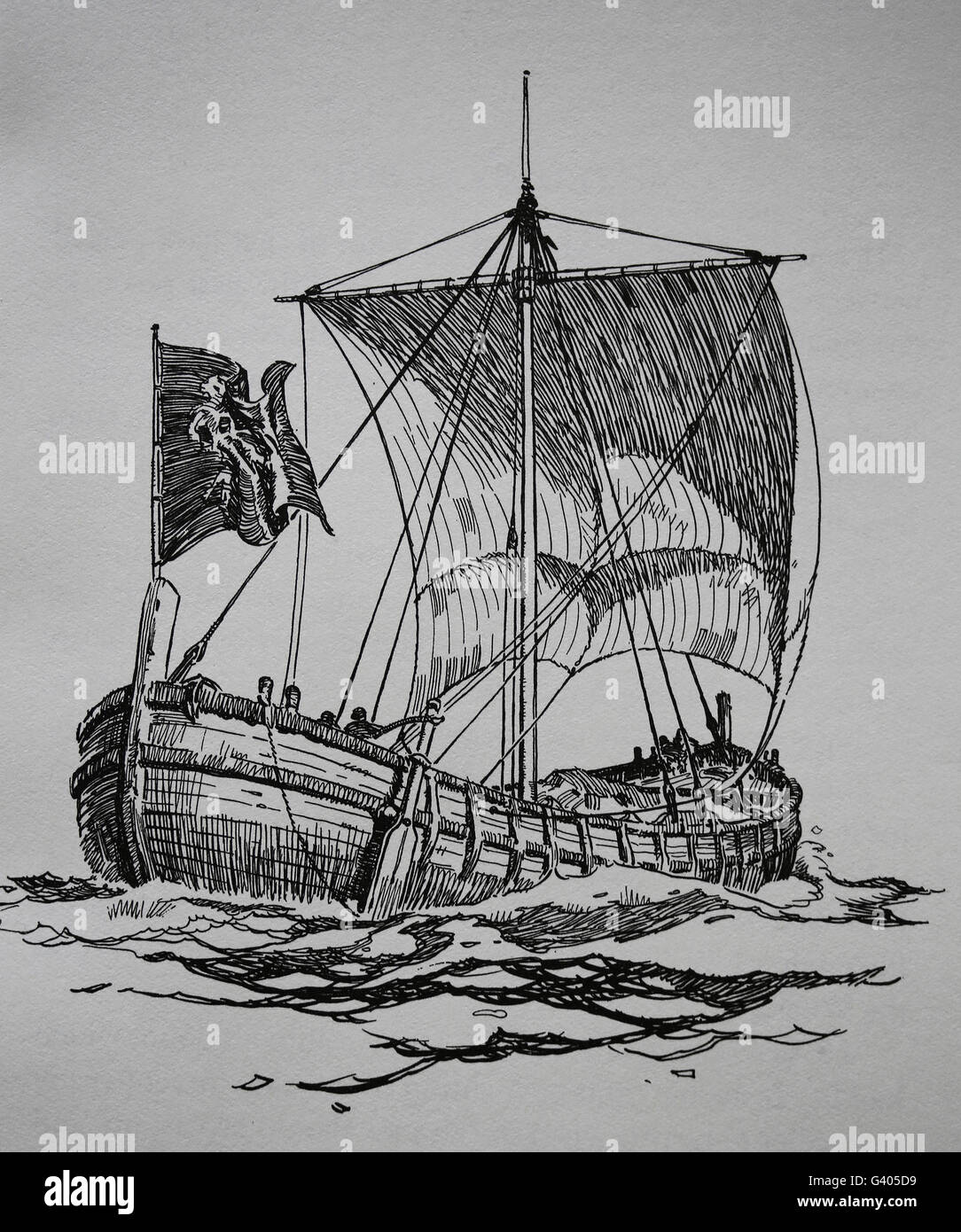 A medieval ship. Engraving, 19th century. Stock Photo