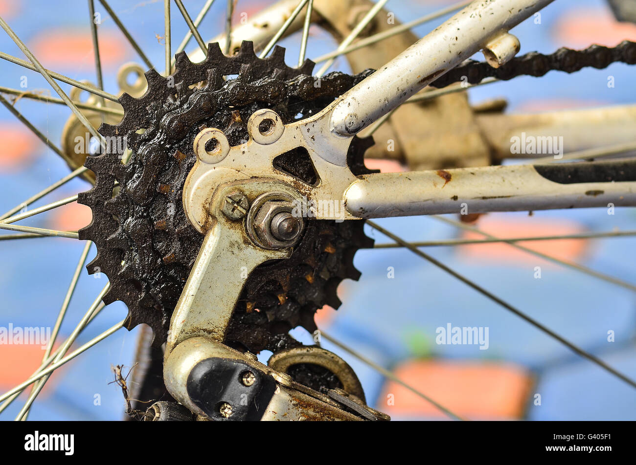 Old Bike chains in wheel Stock Photo Alamy