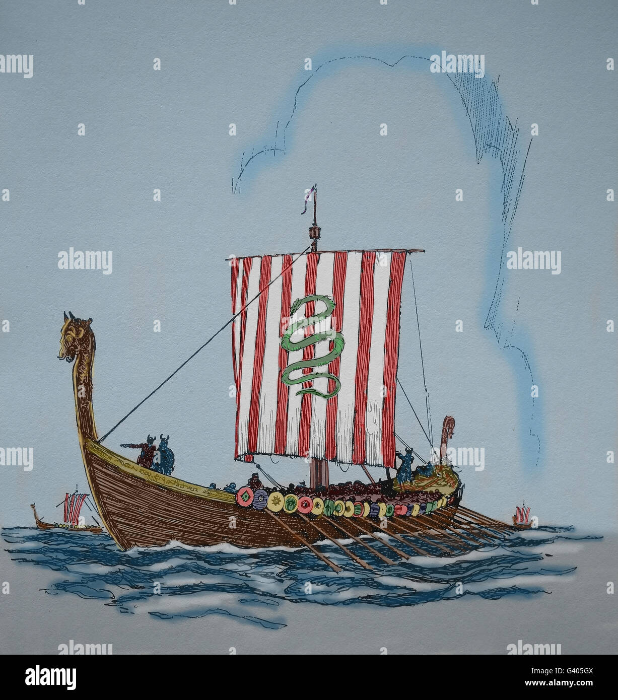 Viking ship. Viking Age (8th-11th century). Engraving, 19th c. Color. Stock Photo
