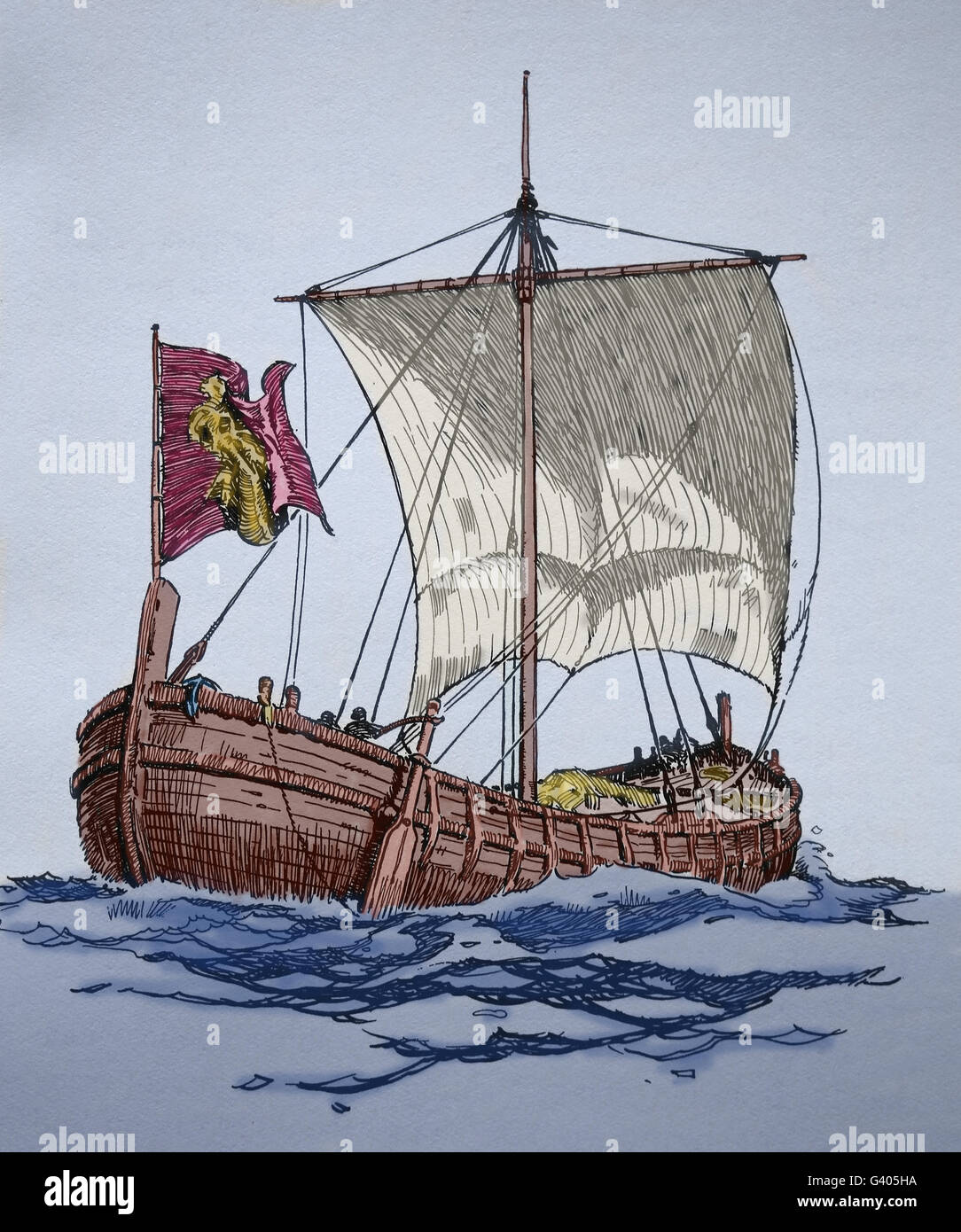 A medieval ship. Engraving, 19th century. Color. Stock Photo
