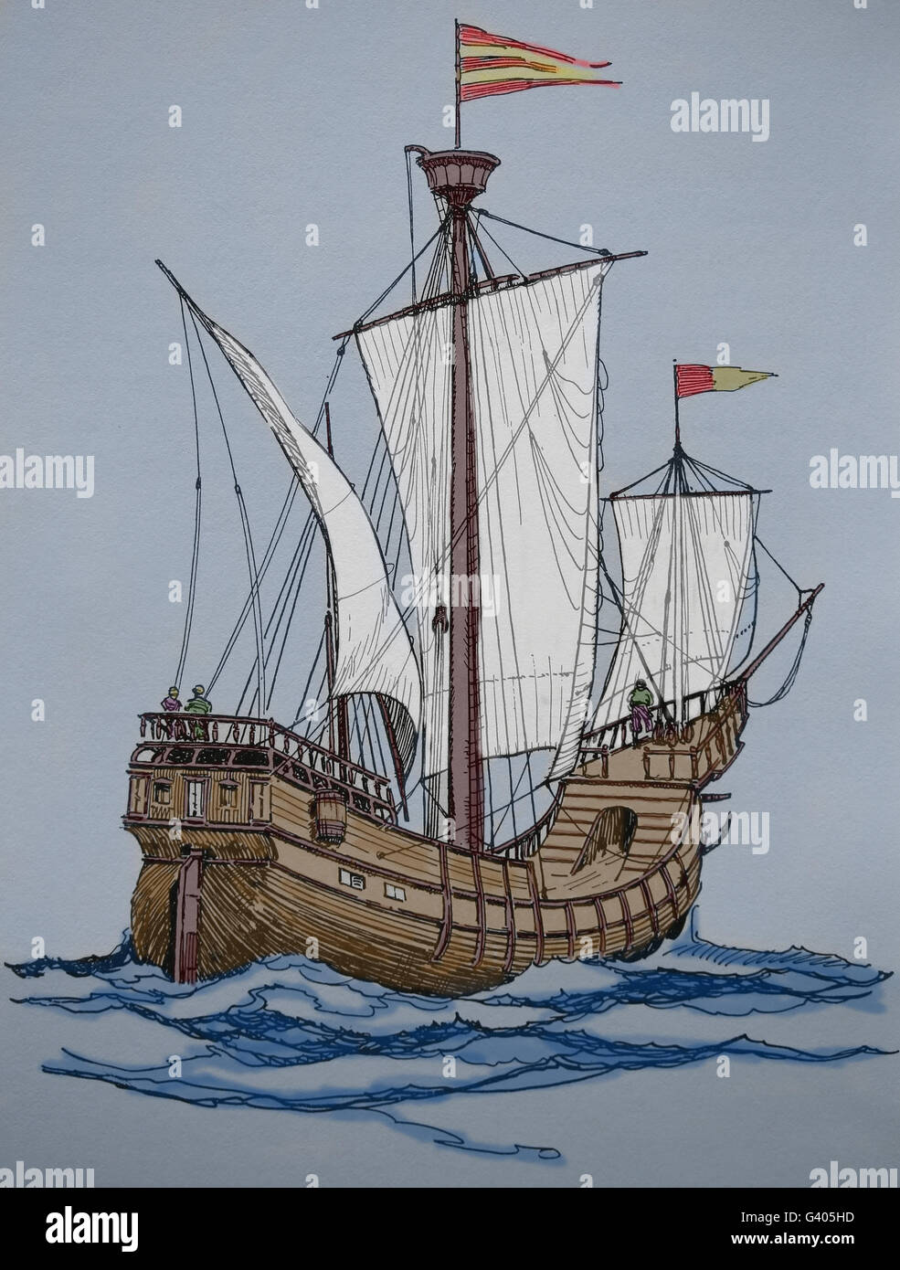 Modern Age. Late 16th century ship. Engraving, 19th century. Color. Stock Photo