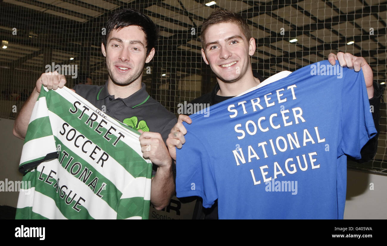 Celtic's Richie Towell (left) and Rangers' Kyle Hutton (right) launch a national football league aimed at engaging socially disadvantaged adults and young people, during a photocall at Soccerworld, Glasgow. Stock Photo