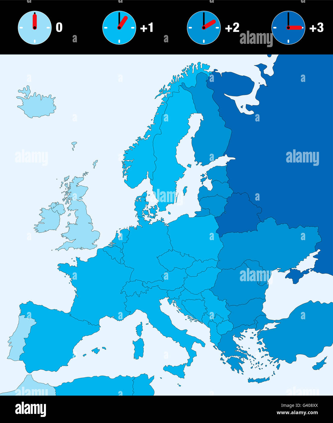 Time zones of Europe, standard time. Four clocks with difference in time - in the same colors as the concerned countries. Stock Photo