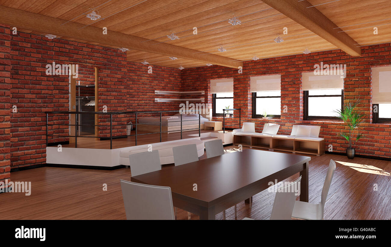 3D Interior rendering of an ideal tiny loft Stock Photo