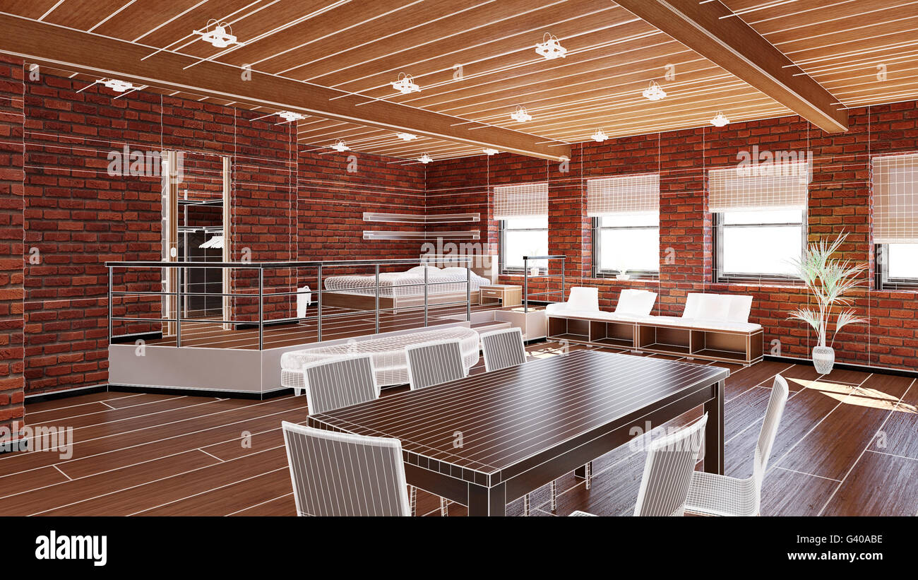 3D Interior rendering of an ideal tiny loft Stock Photo