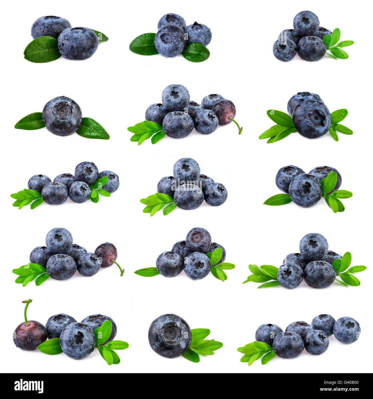 Blueberries Collection. Fresh blueberry with leaf isolated on white. Stock Photo