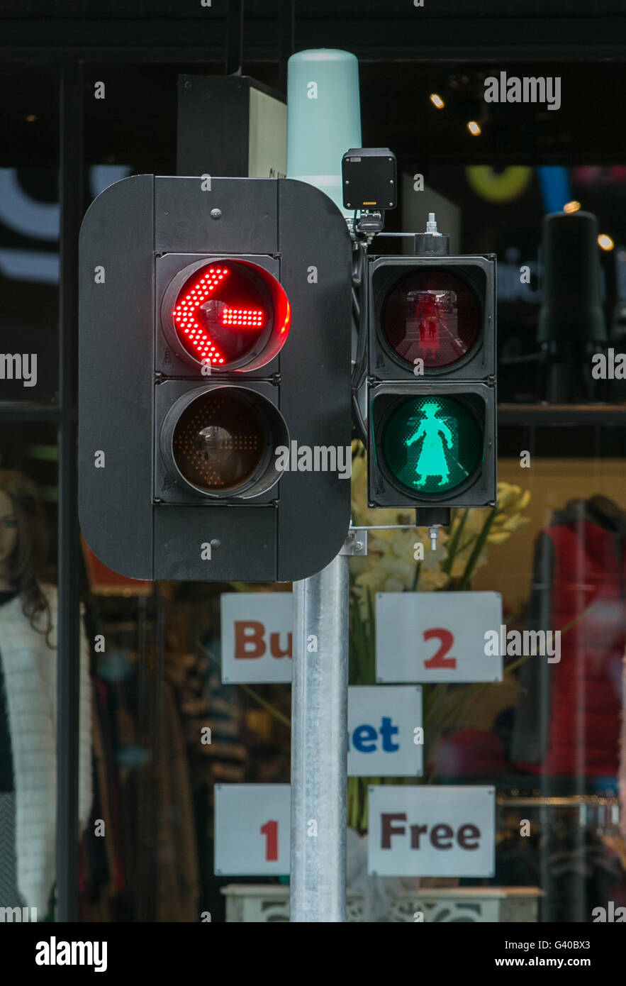 'Green lady' pedestrian signal at street crossing in Richmond, Melbourne, to honour Mary Rogers, Victoria's first female councillor. Stock Photo