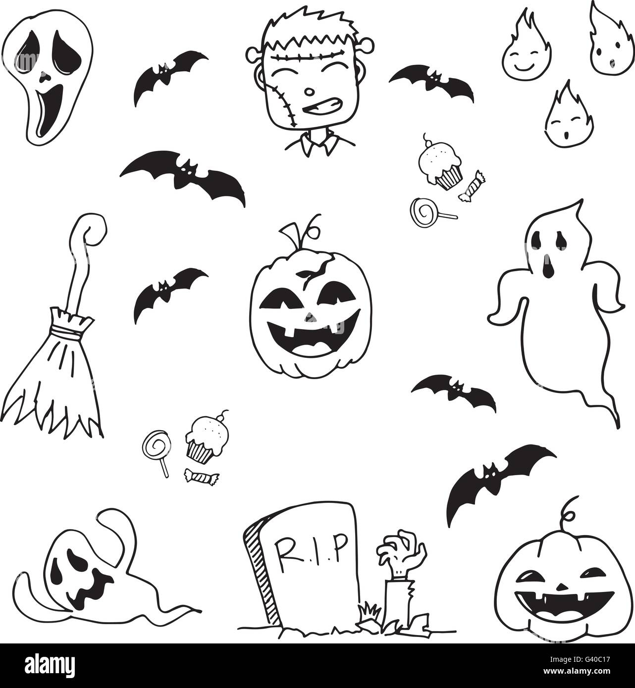 Cute cartoon skull and pumpkin Halloween doodle element. 24864836 PNG