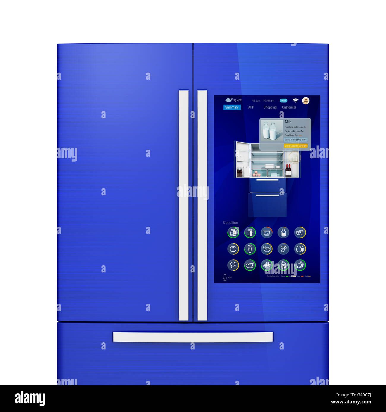 Front view of smart refrigerator. User can manage food or purchase new one by touch screen interface. 3D rendering image. Stock Photo