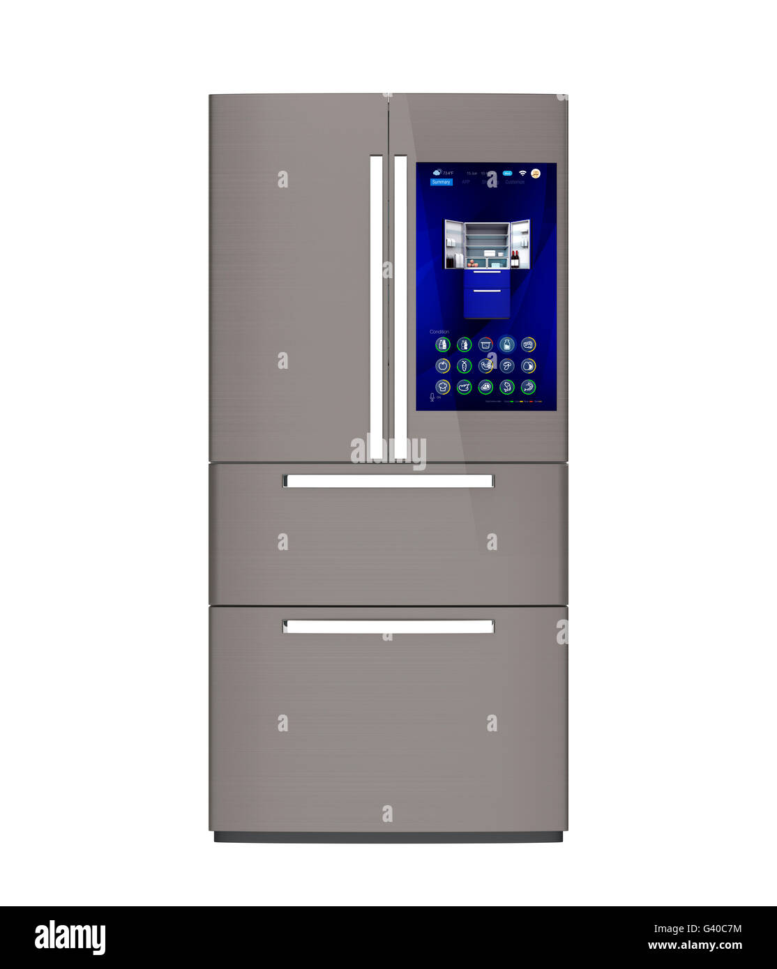 Front view of smart refrigerator. User can manage food or purchase new