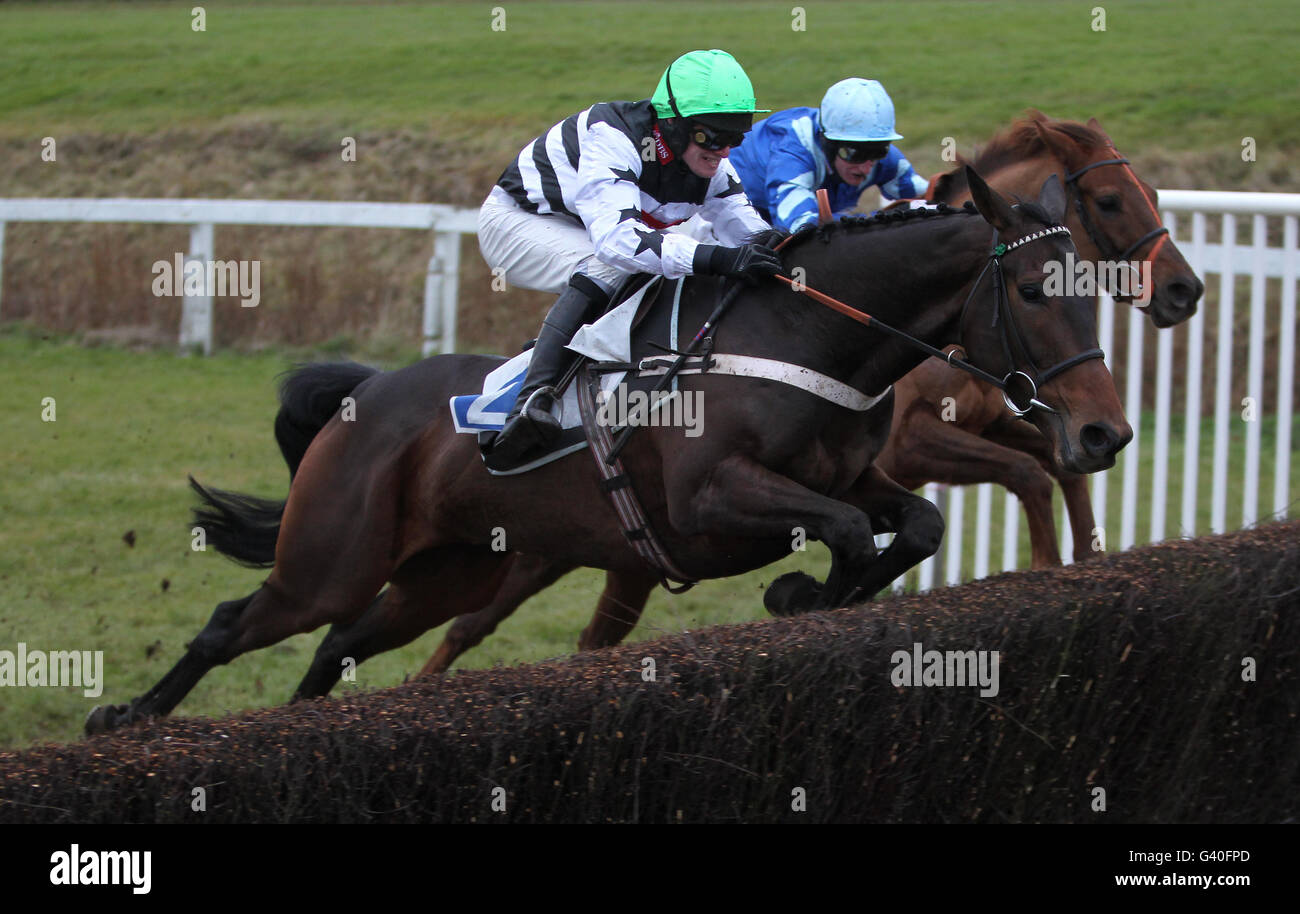 Horse Racing - Leicester Racecourse. Anquetta ridden by David Bass (l) jumps the last to win The Groby Novices' Handicap Steeple Chase Stock Photo