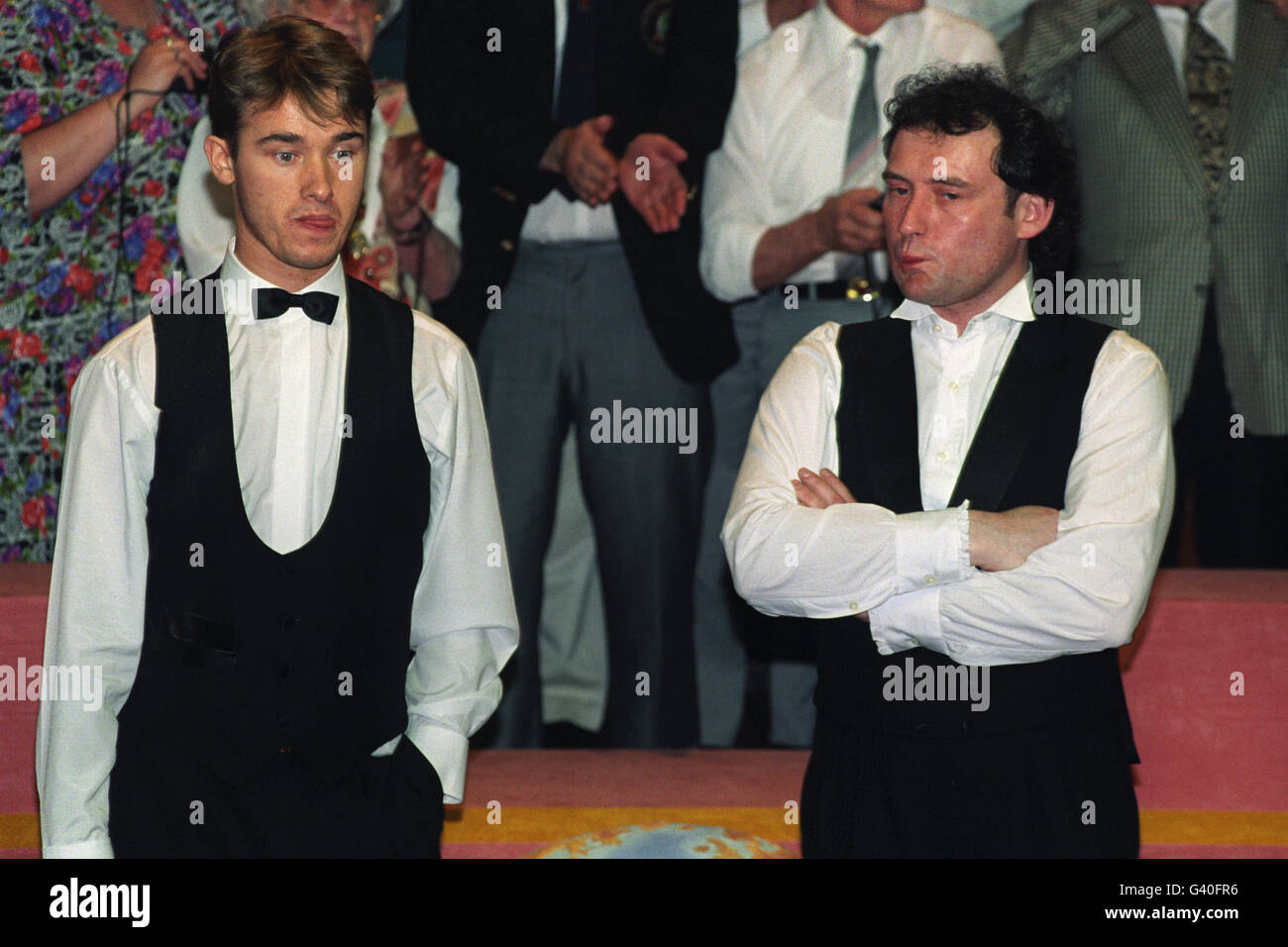 Stephen Hendry (l) and Jimmy White (r) pull faces as they await the presentation party. Stephen Hendry won the final by 18 frames to 17. Stock Photo