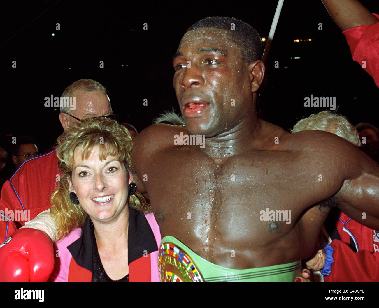 Frank Bruno is congratulated by his wife Laura after beating Oliver McCall to win the WBC Heavyweight Championship at Wembley Stadium on 2.9.95. 20/01/97: British sports stars are feared to have become targets of a neo-Nazi letter bomb campaign. Bruno, swimmer Sharron Davies and footballer Paul Ince all in mixed-race marriages were reported to have been alerted over the Danish plot. Laura, wife of boxing hero Frank won a court order banning him from assaulting her, it was reported on 3.9.95. Laura Bruno, 34, is said to have got the High Court order after what friends described as a 'series of Stock Photo