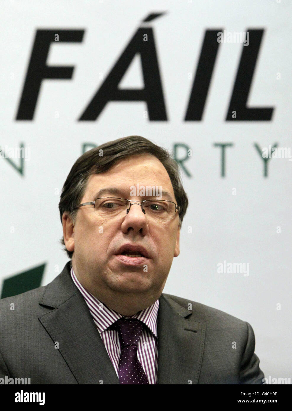 Taoiseach Brian Cowen speaks to the media during a press conference at the Alexander Hotel in Dublin, where he confirmed he would remain as leader of his ruling Fianna Fail party. Stock Photo