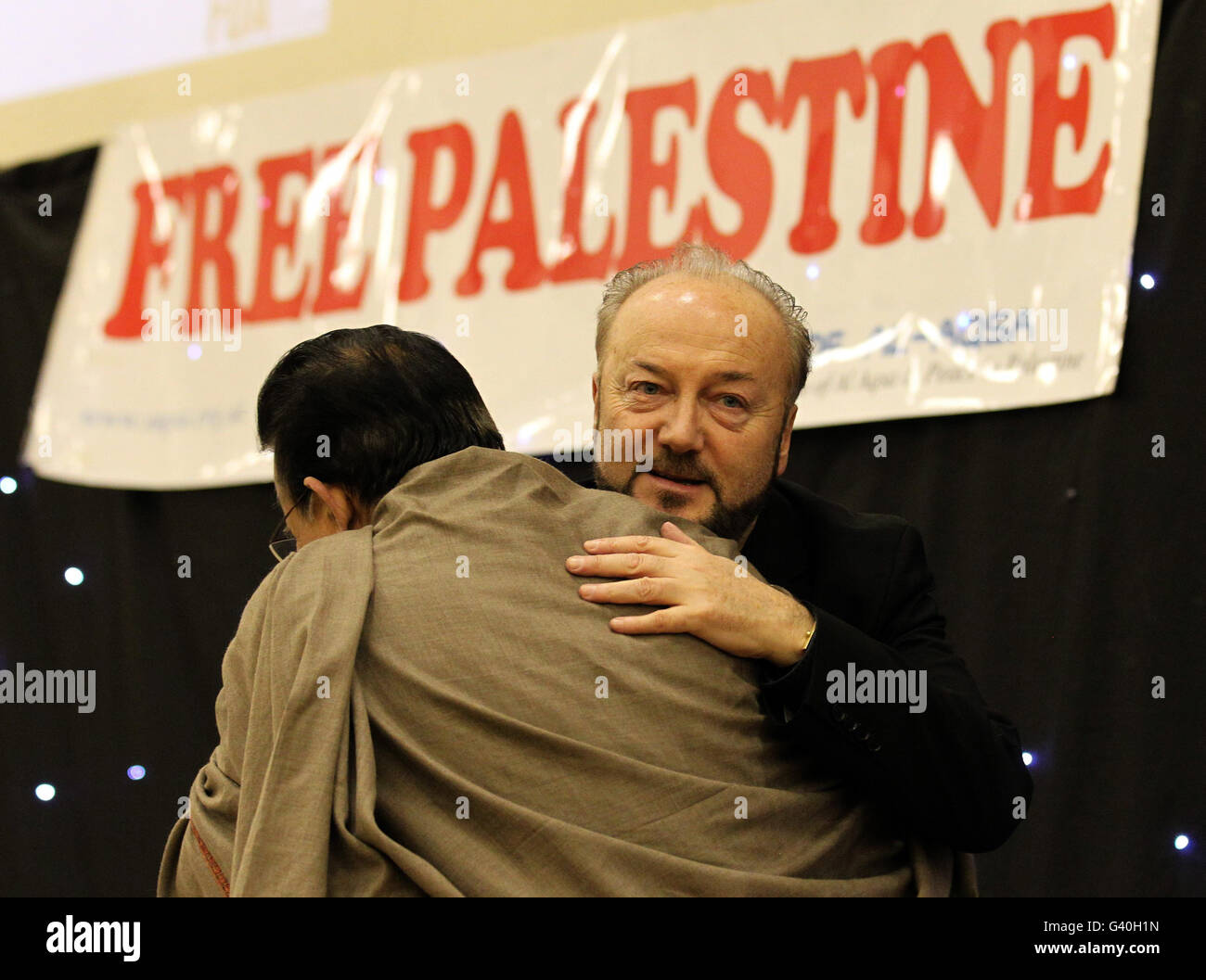 Former MP George Galloway during his speech at the Central Mosque in Glasgow, after he said he may end his political career in Scotland if he secured a seat in this year's Scottish Parliament election. Stock Photo