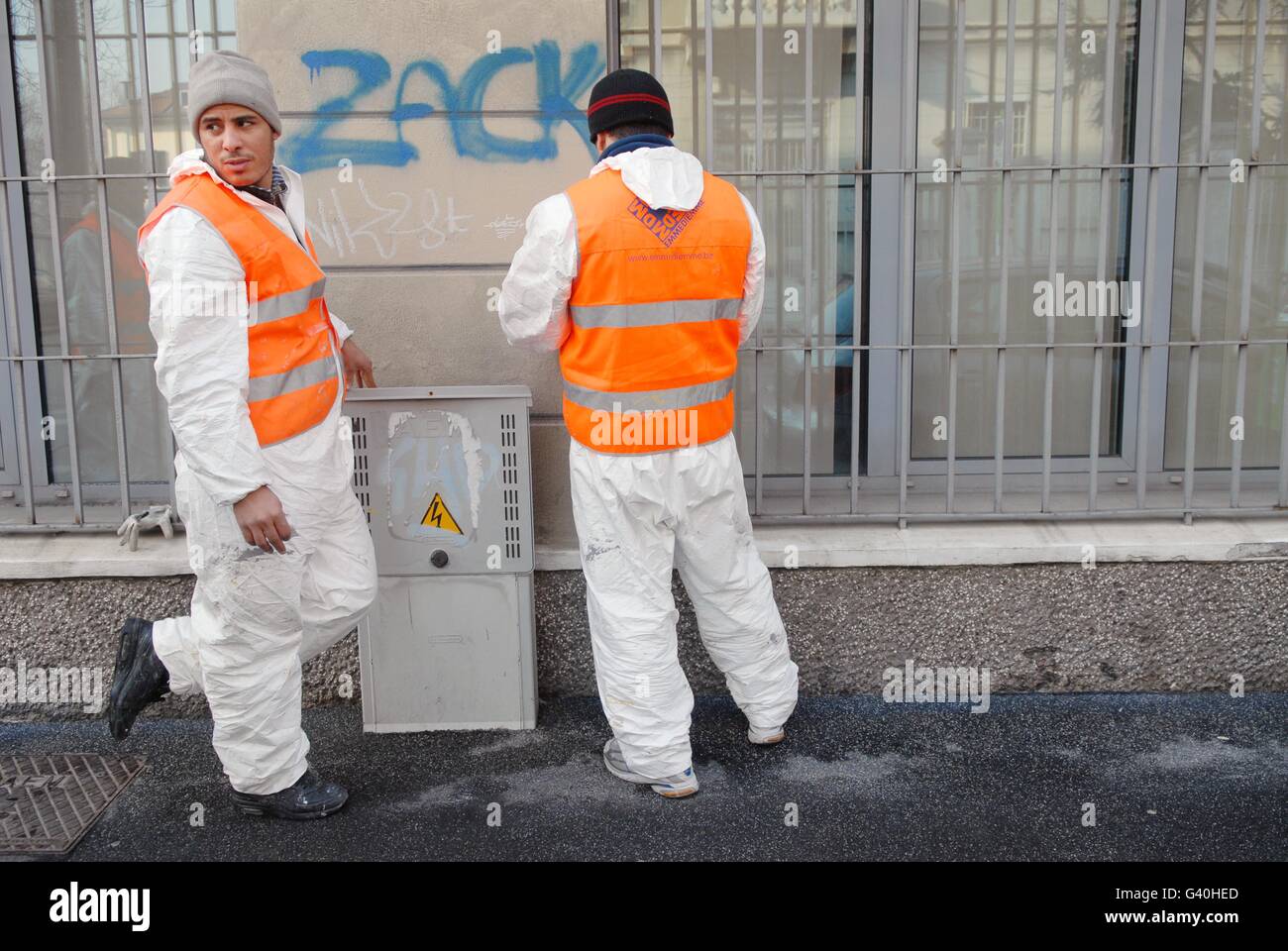 Milan (Italy), municipal service of  AMSA (Milan Company for Environmental Services) for graffiti cleaning Stock Photo