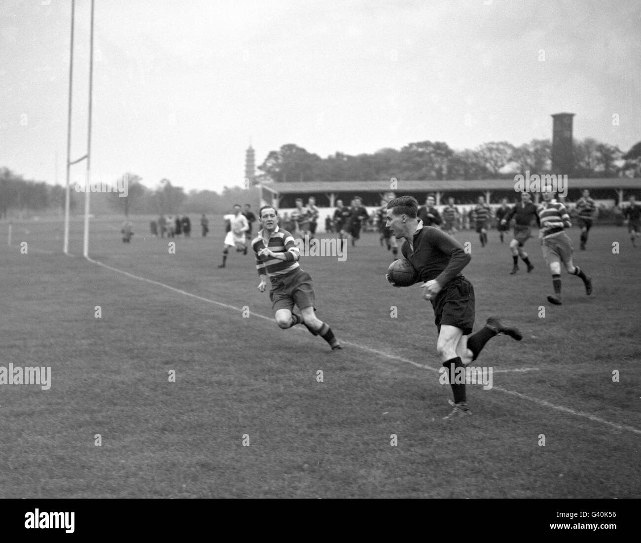 RT Campbell (Richmond) fails to stop Brian Boobbyer (Oxford) going over to score Oxford's first try. Stock Photo