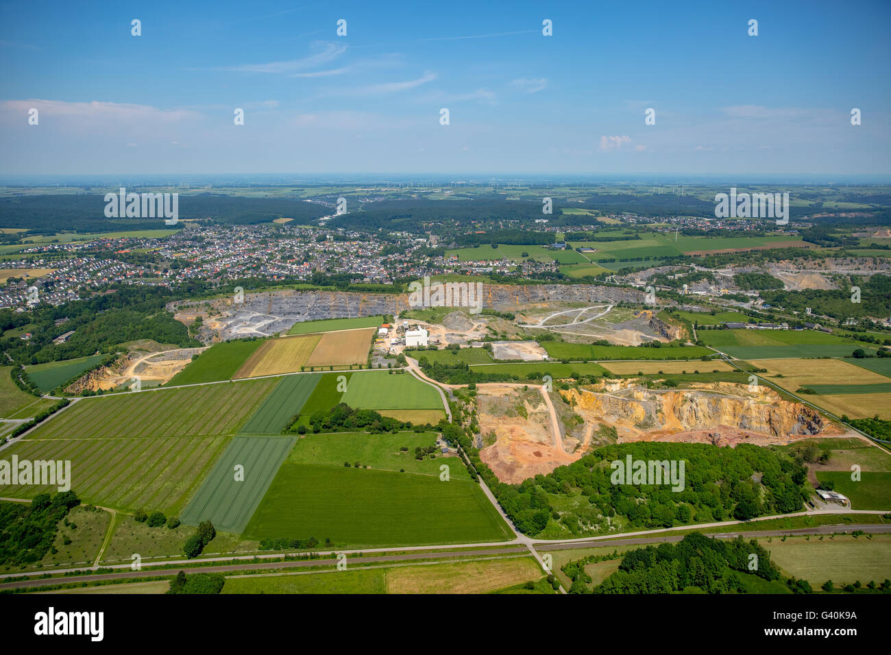 Aerial view, Warsteiner quarries, Warsteiner quarry Nuttlar path, Warstein, the Sauerland region, North Rhine-Westphalia, German Stock Photo