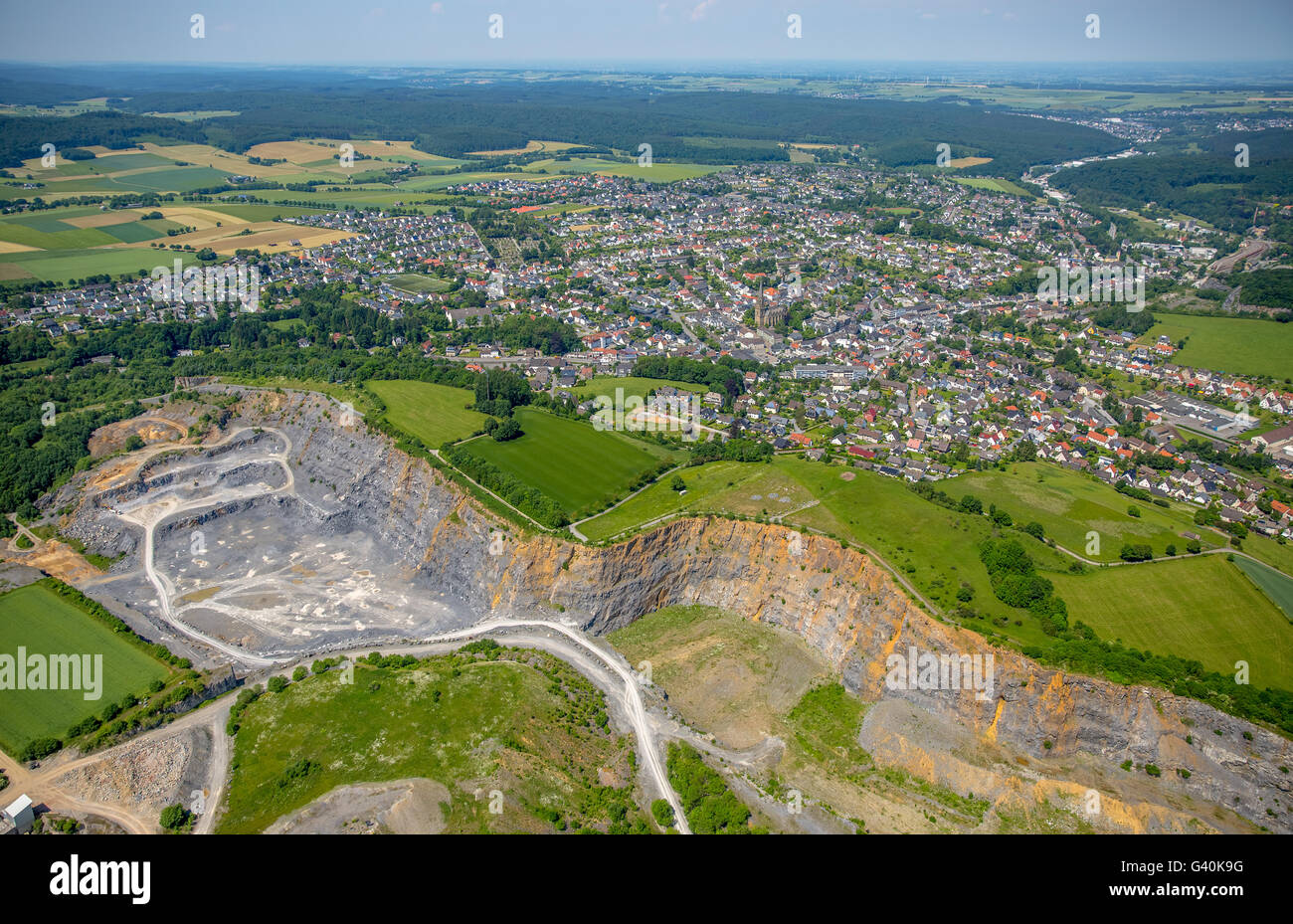 Aerial view, Warsteiner quarries, Warsteiner quarry Nuttlar path, Warstein, the Sauerland region, North Rhine-Westphalia, German Stock Photo