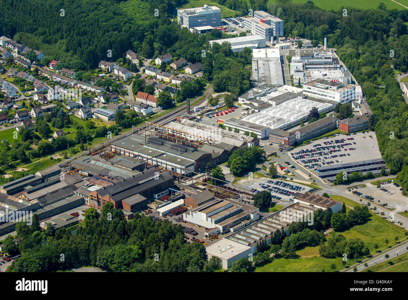 Aerial view, Siepmann-Werke GmbH & Co KG, AEG Power Solutions GmbH, Infineon Technologies AG Warstein, Belecke, Warstein, Stock Photo