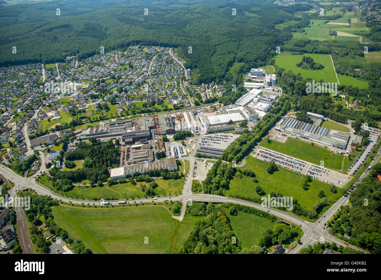 Aerial view, Siepmann-Werke GmbH & Co KG, AEG Power Solutions GmbH, Infineon Technologies AG Warstein, Belecke, Warstein, Stock Photo