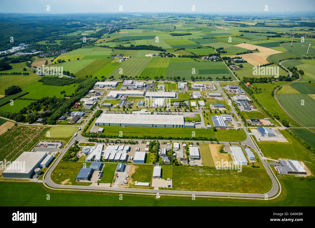 Aerial view, industrial area industrial area Belecke Walter Rathenau Ring, Belecke, Warstein, Sauerland, North Rhine-Westphalia, Stock Photo