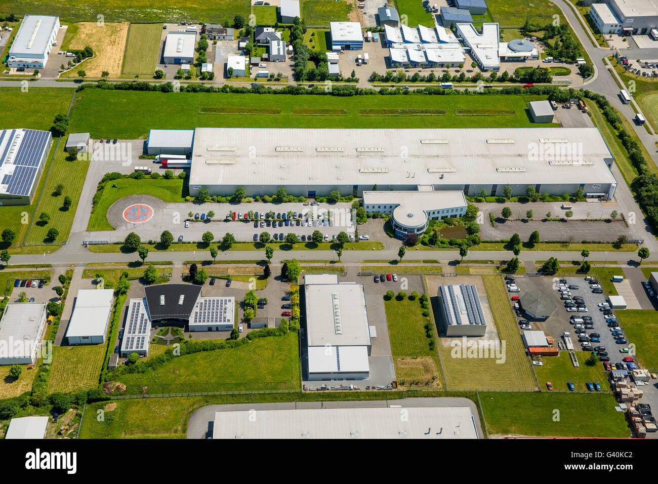 Aerial view, industrial area industrial area Belecke Walter Rathenau Ring, Belecke, Warstein, Sauerland, North Rhine-Westphalia, Stock Photo