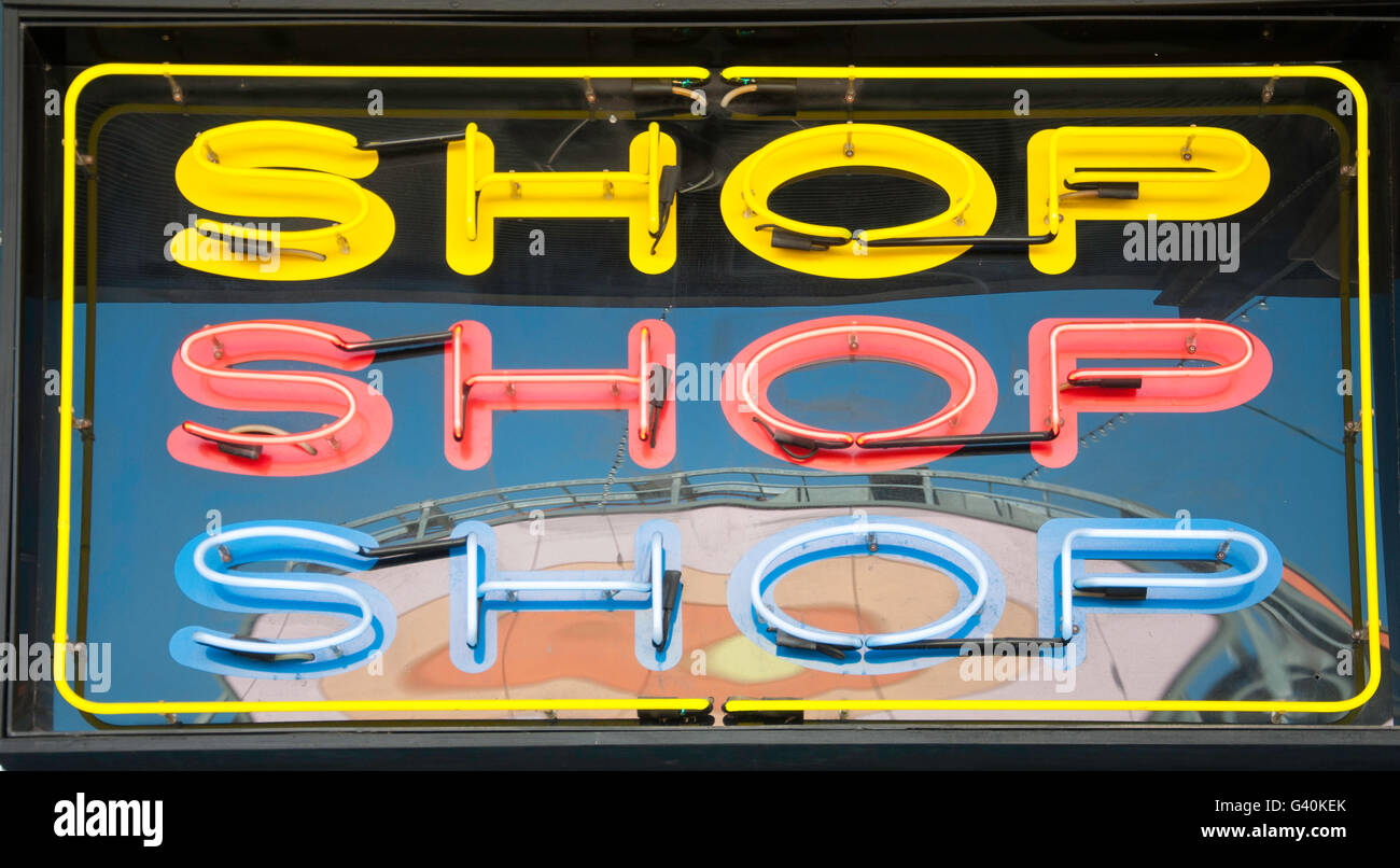 'Shop' neon sign outside souvenir shop at Luna Park Sydney, Milsons Point, Sydney, New South Wales, Australia Stock Photo