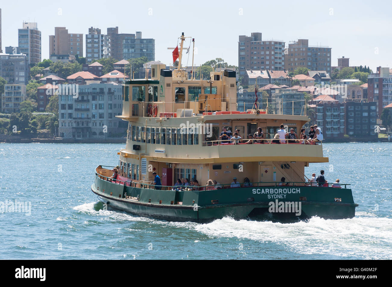 Sydney Ferries 'Scarborough' ship leaving Circular Quay, Sydney Harbour, Sydney, New South Wales, Australia Stock Photo