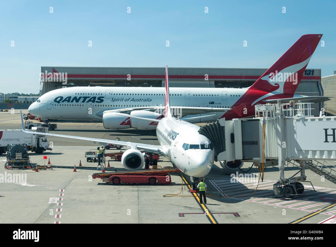 Qantas Boeing Dreamliner and Airbus A380 aircraft at Sydney Kingsford Smith Airport, Mascot, Sydney, New South Wales, Australia Stock Photo