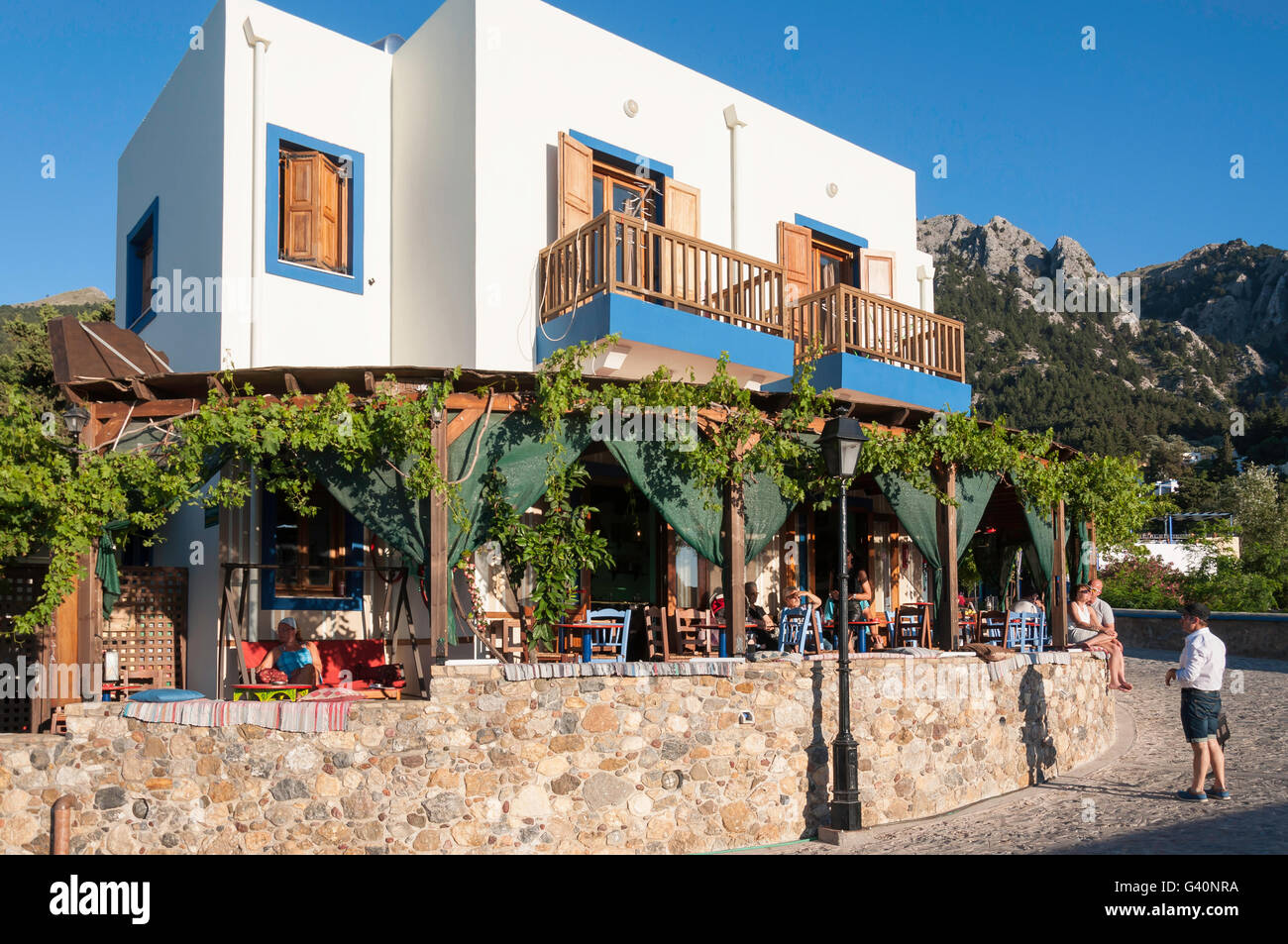 Small taverna in hillside village of Zia, Kos (Cos), The Dodecanese, South Aegean Region, Greec Stock Photo
