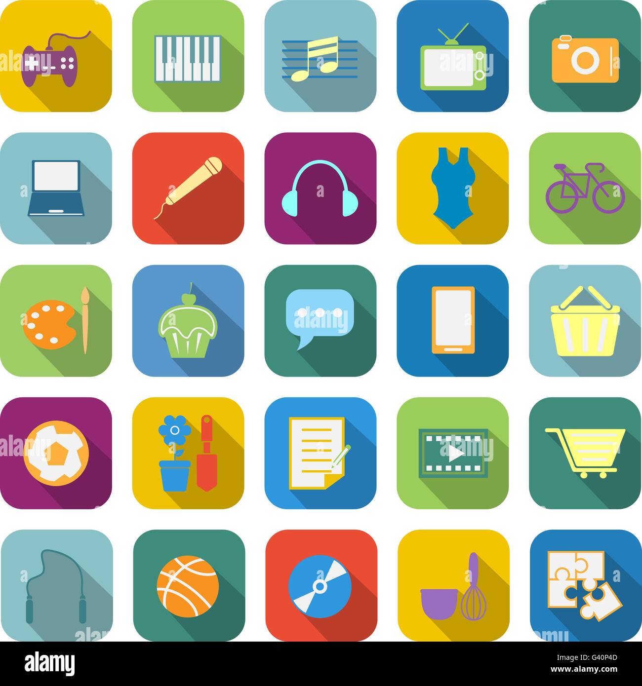 Hobby color icons with long shadow on white background Stock Vector