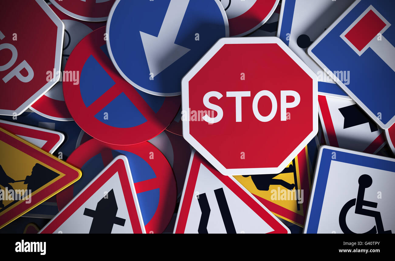 Front view of numerous french traffic road signs. Concept image for background, 3D illustration Stock Photo