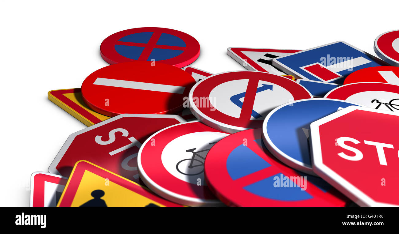 3D illustration of many roadsigns over white background Stock Photo
