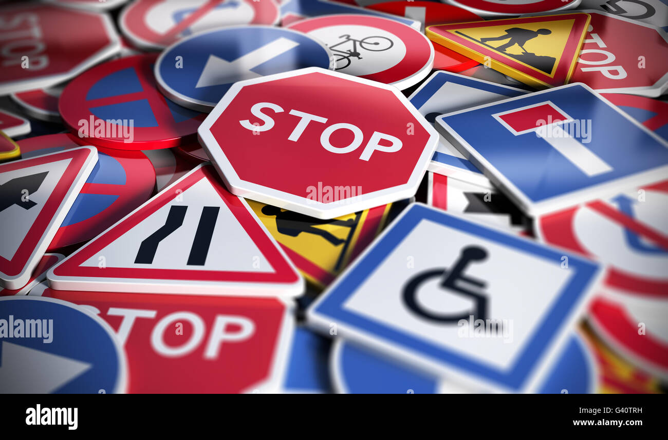 Perspetive view of numerous french traffic road signs. Concept image for background, 3D illustration Stock Photo