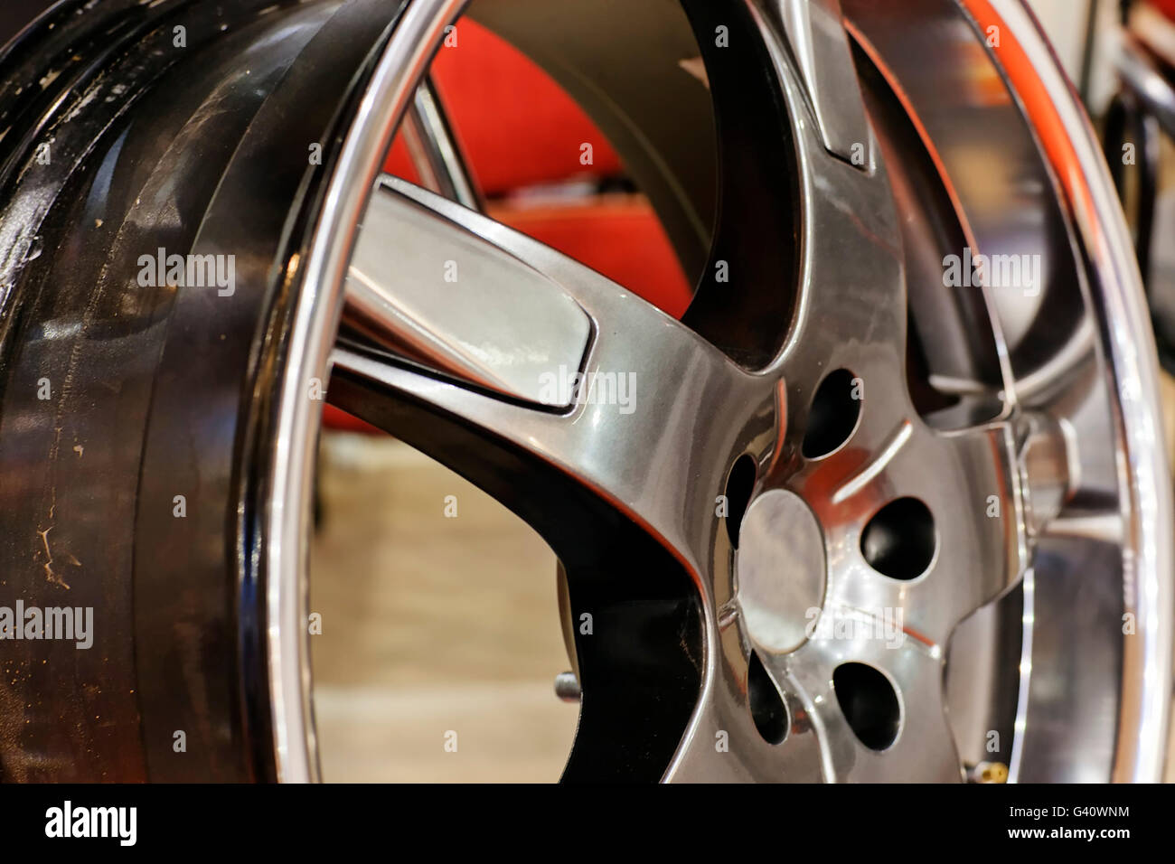 Closeup modern steel car wheel without tyre hires stock photography